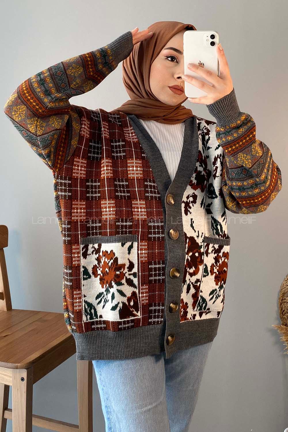 Modalamelif Çift Cepli Desenli Hırka Acı Kahve