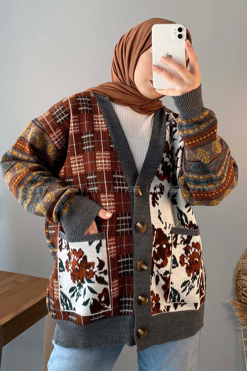 Modalamelif Çift Cepli Desenli Hırka Acı Kahve