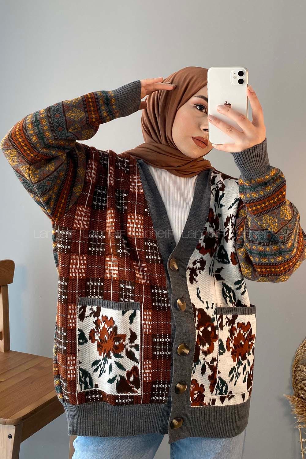 Modalamelif Çift Cepli Desenli Hırka Acı Kahve