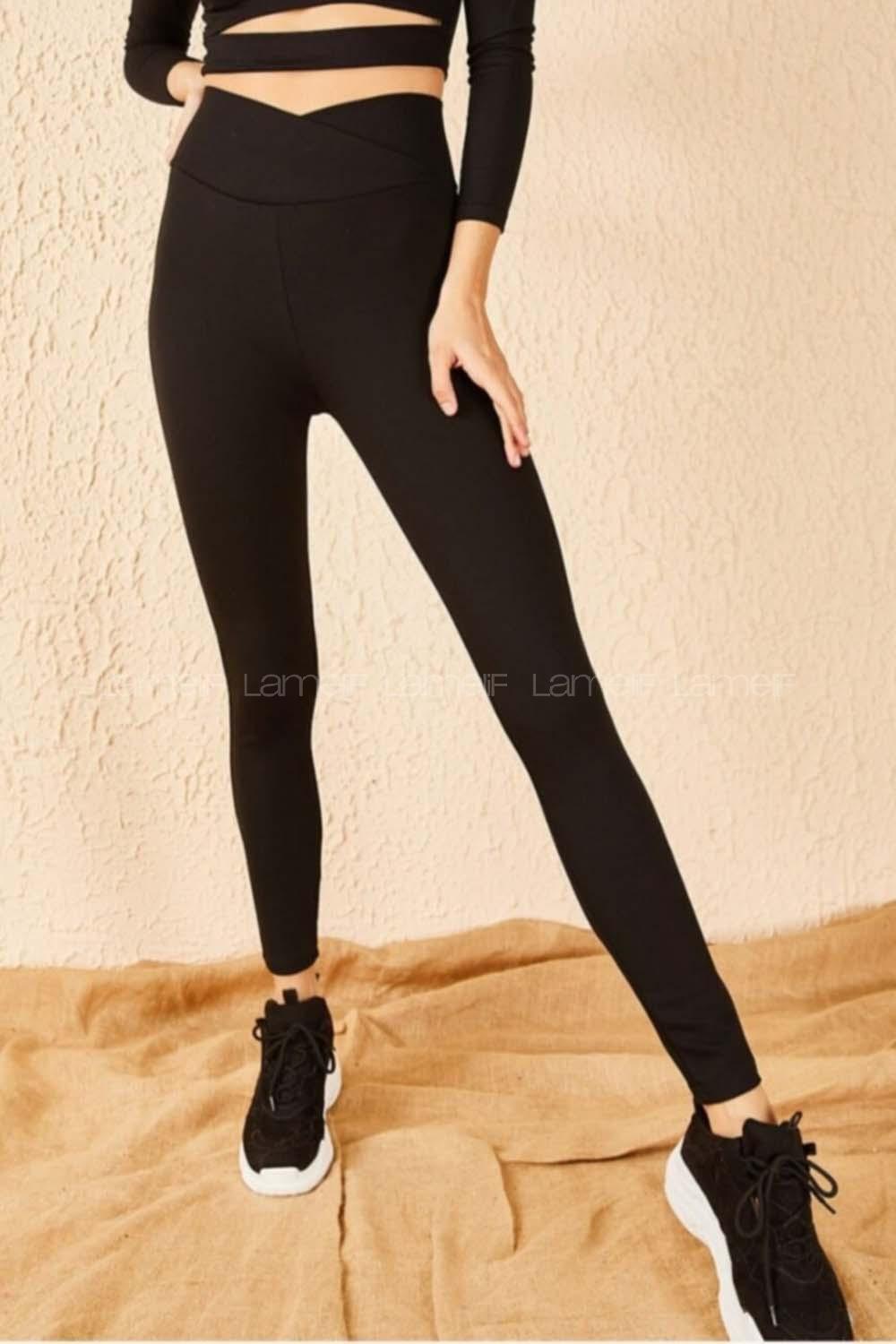 Modalamelif Yüksek Bel V Kemer Çelik Örme Tayt Siyah