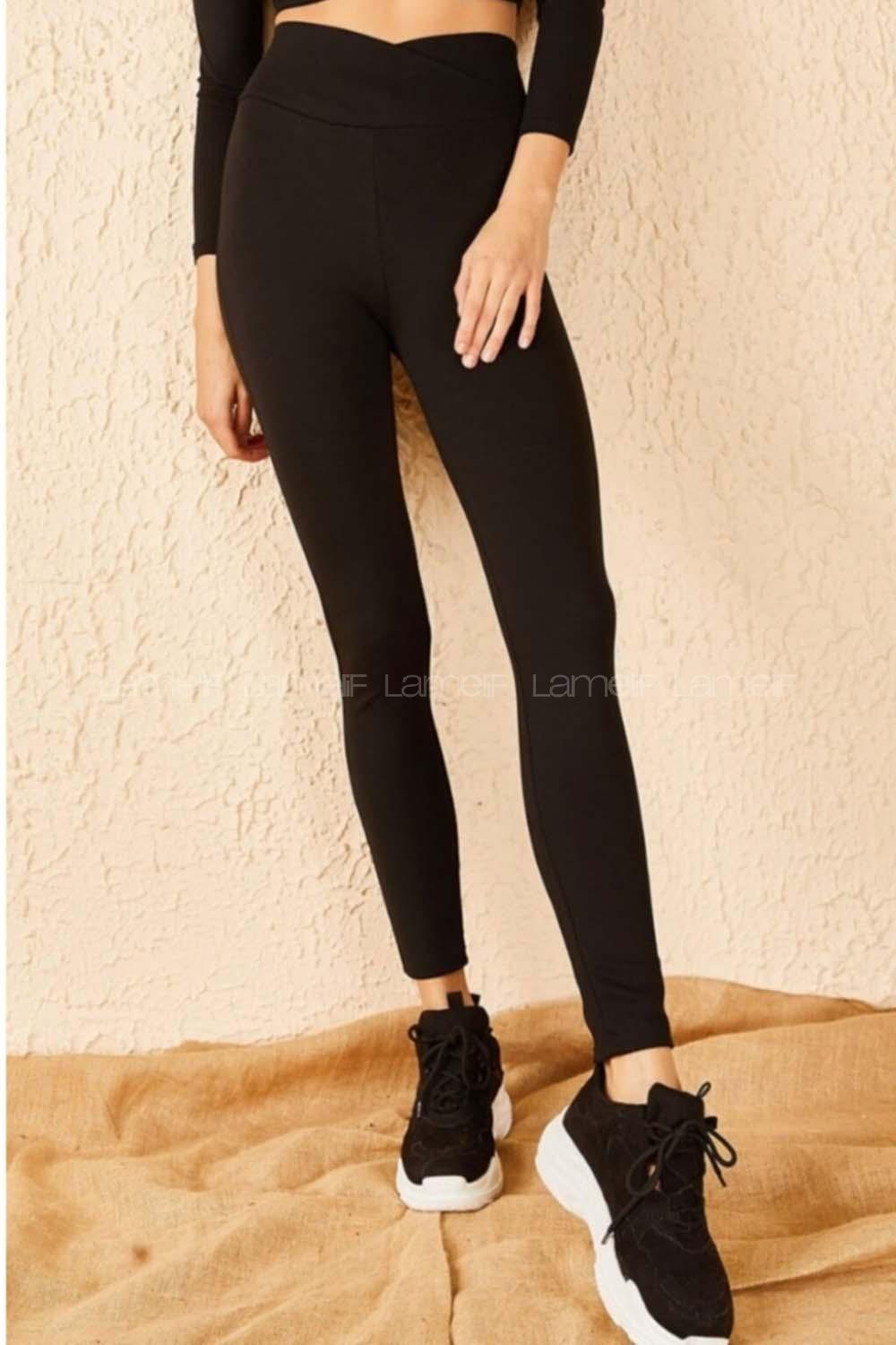 Modalamelif Yüksek Bel V Kemer Çelik Örme Tayt Siyah