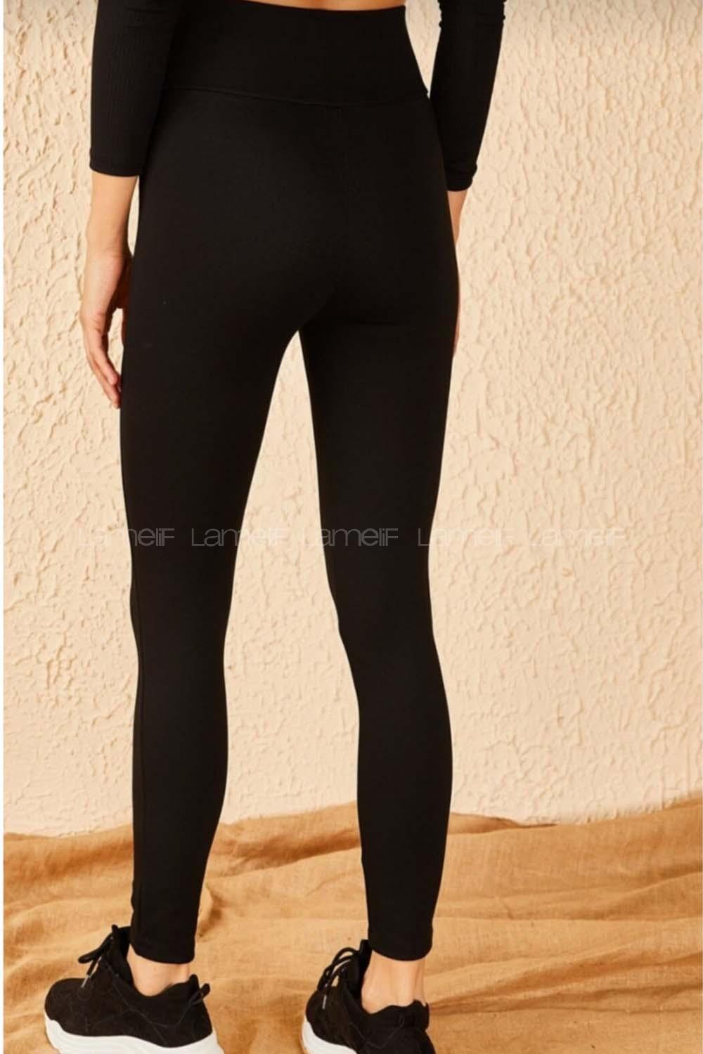 Modalamelif Yüksek Bel V Kemer Çelik Örme Tayt Siyah