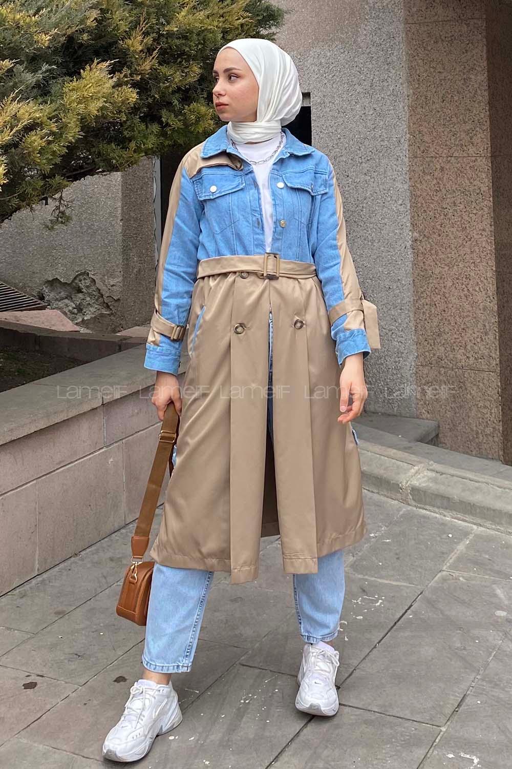 Modalamelif Belden Bağlamalı Kot Garnili Trenç Camel