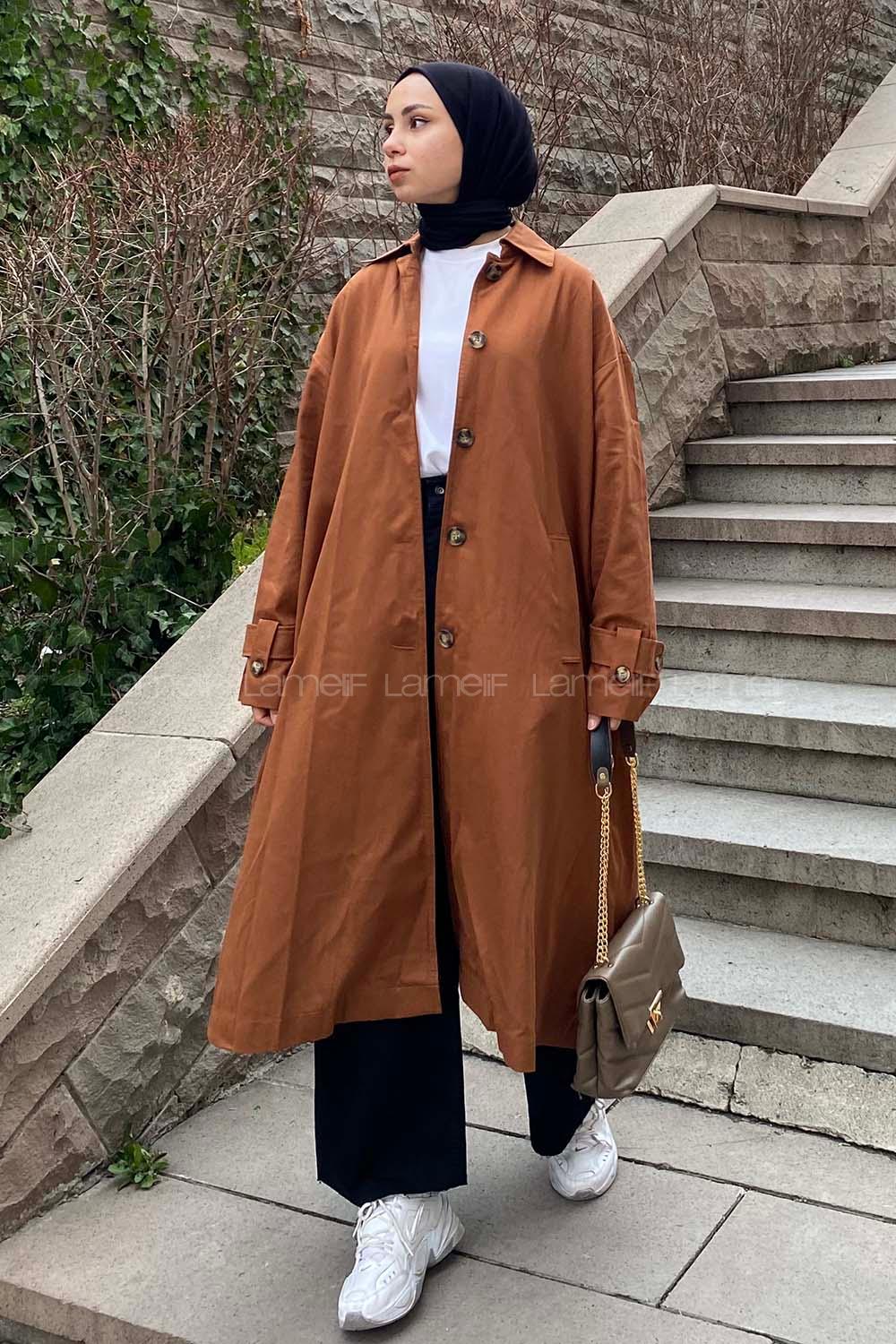 Modalamelif Sırt Baskılı Kol Apoletli Trenç Acı Kahve