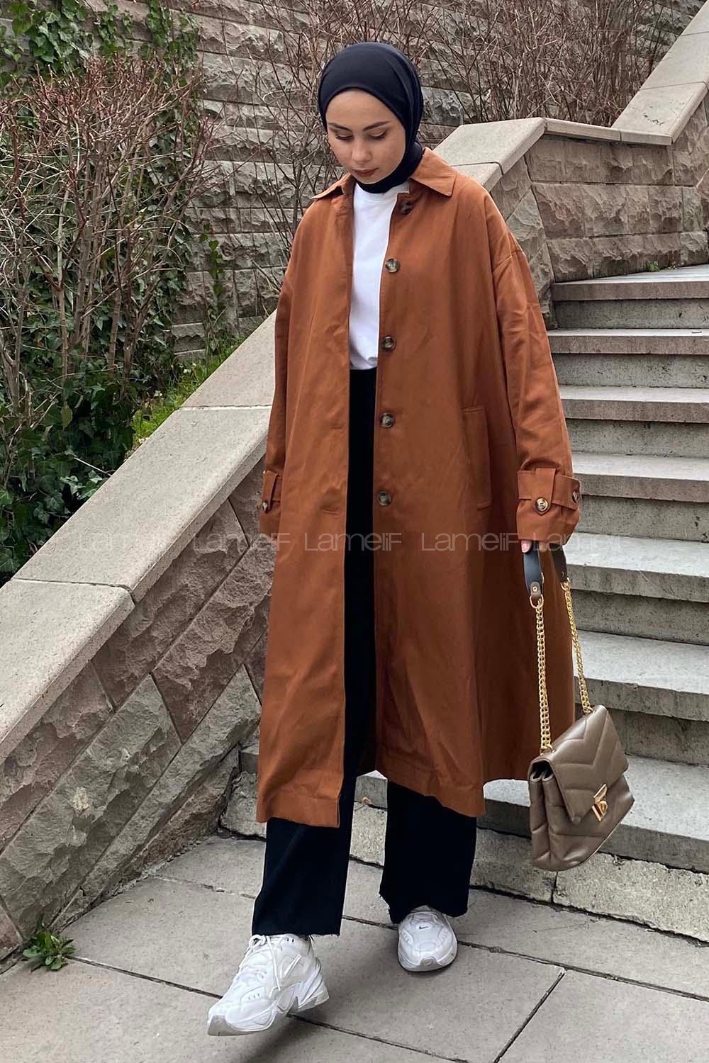 Modalamelif Sırt Baskılı Kol Apoletli Trenç Acı Kahve