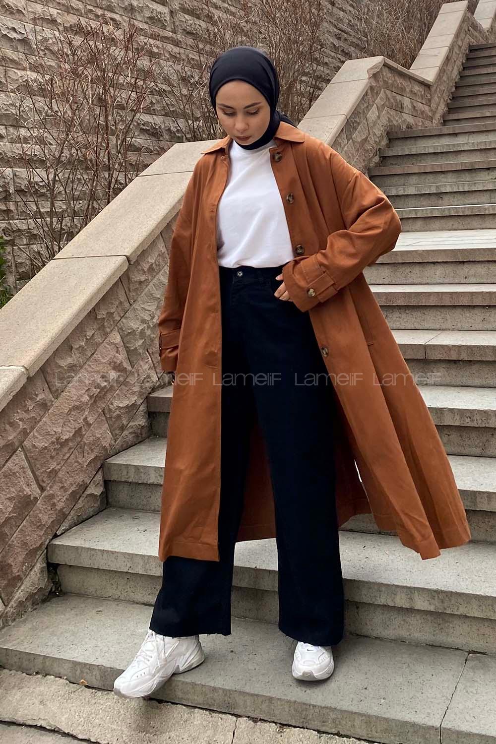 Modalamelif Sırt Baskılı Kol Apoletli Trenç Acı Kahve