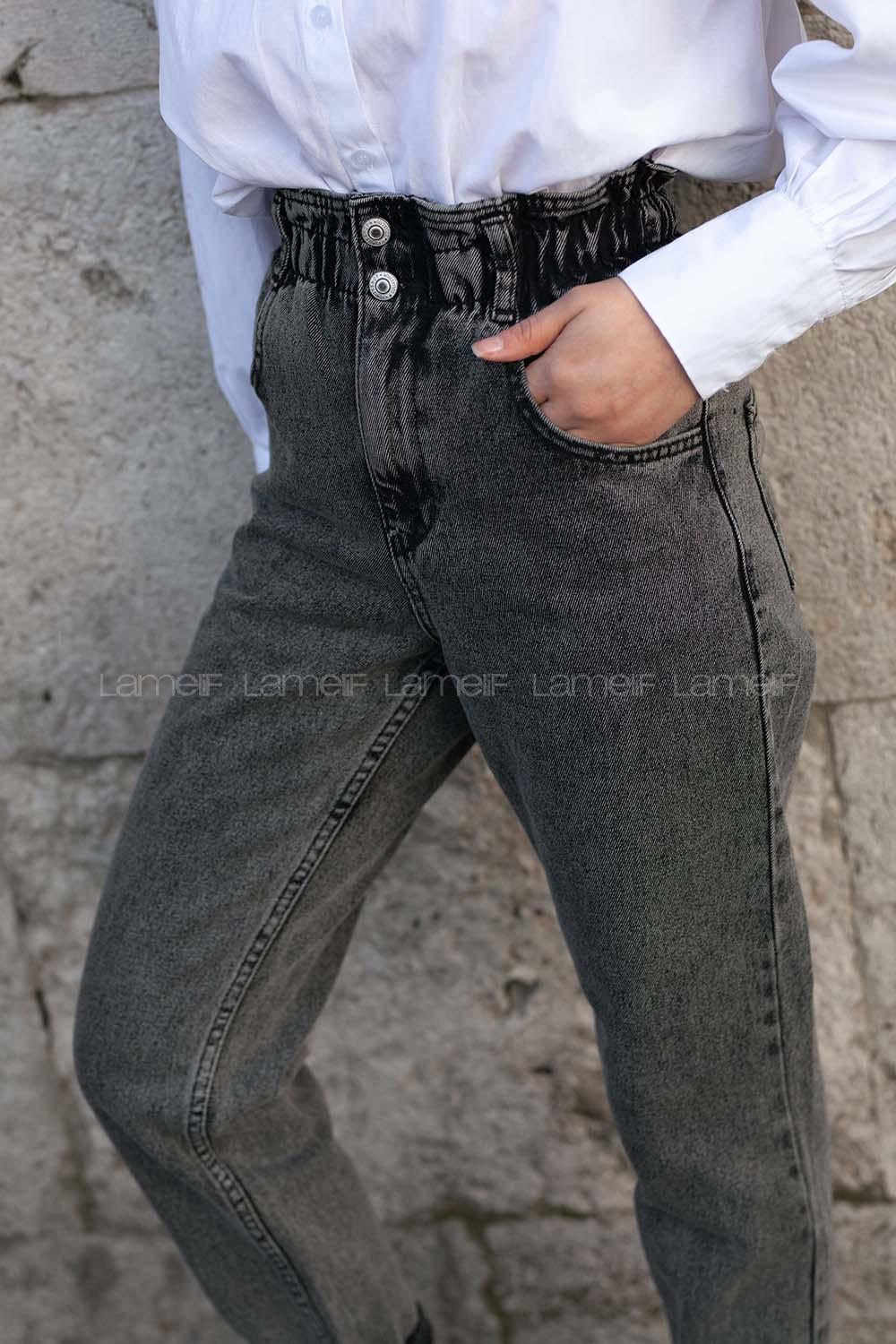 Modalamelif Beli Lastikli Mom Kot Pantolon Gri