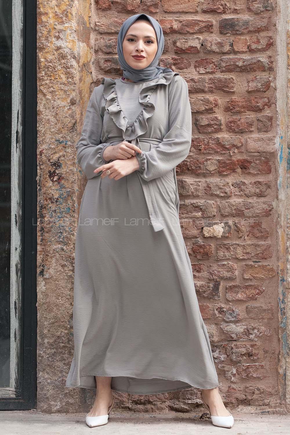 Modalamelif Önü Fırfırlı Kuşaklı Elbise Gri