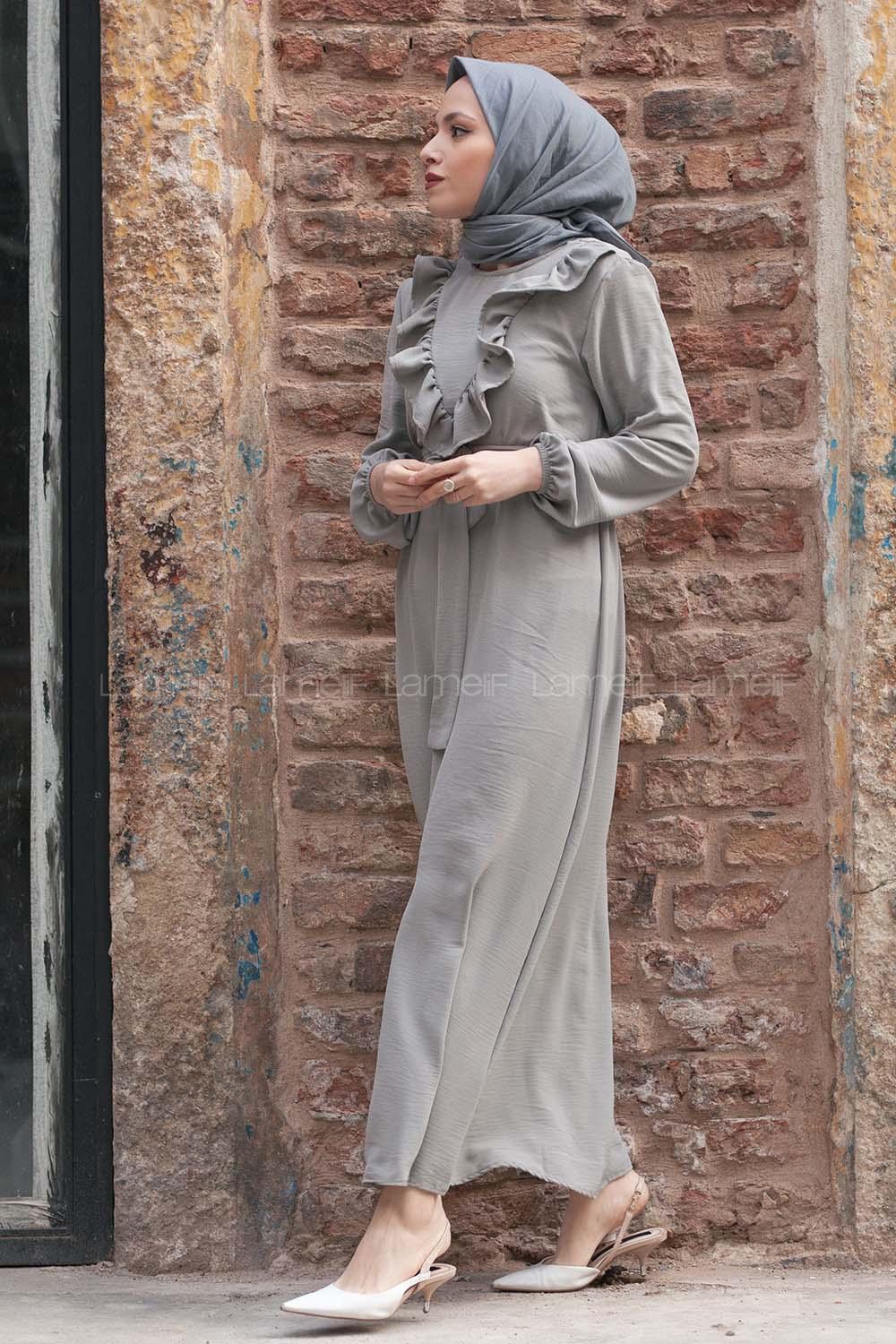 Modalamelif Önü Fırfırlı Kuşaklı Elbise Gri