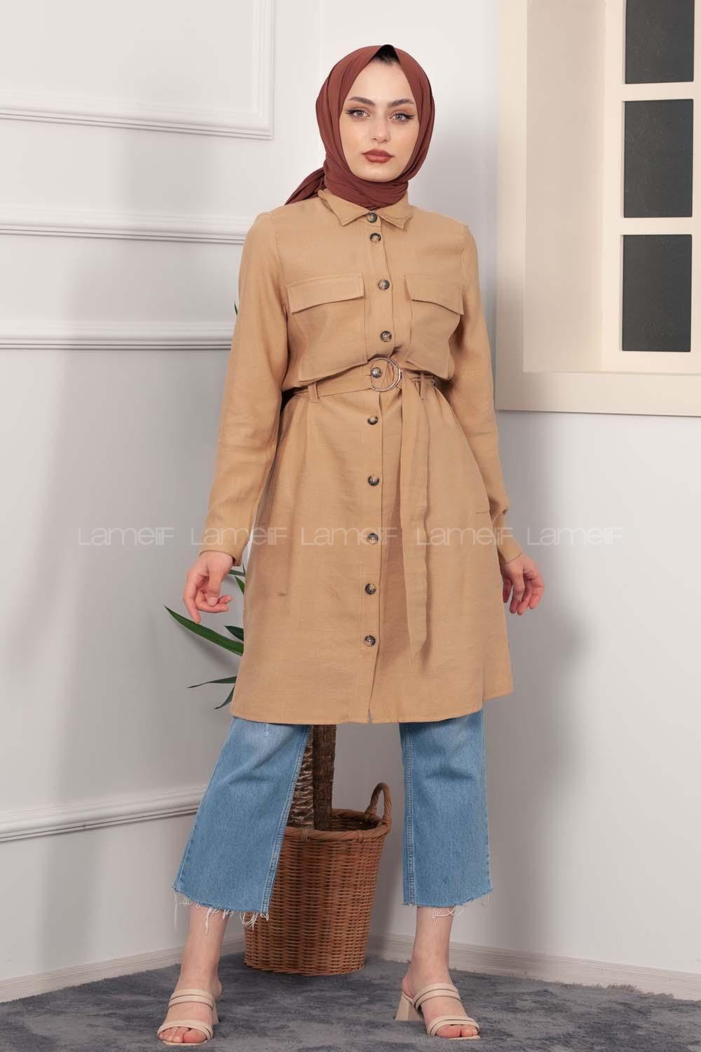 Modalamelif Çift Cepli Kuşaklı Tunik Sütlü Kahve