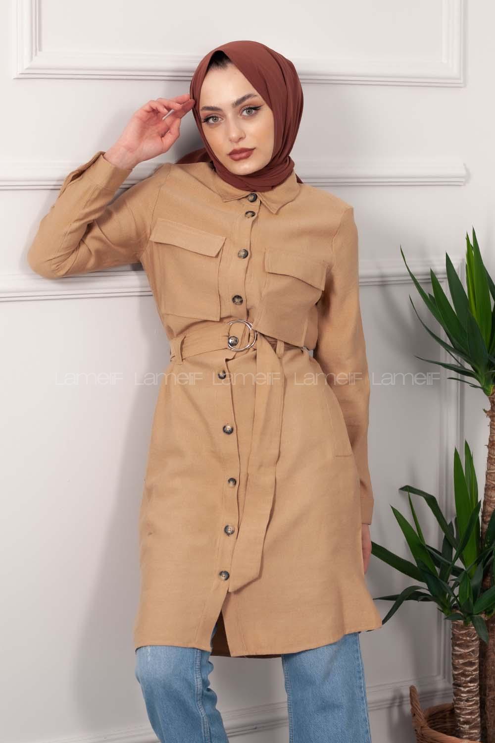 Modalamelif Çift Cepli Kuşaklı Tunik Sütlü Kahve