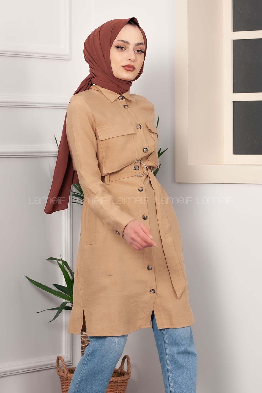 Modalamelif Çift Cepli Kuşaklı Tunik Sütlü Kahve