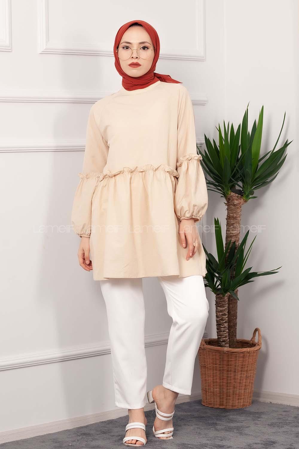 Modalamelif Hakim Yaka Kol Fırfırlı Tunik Bej