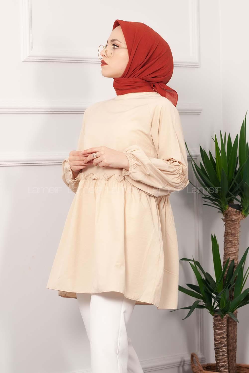 Modalamelif Hakim Yaka Kol Fırfırlı Tunik Bej