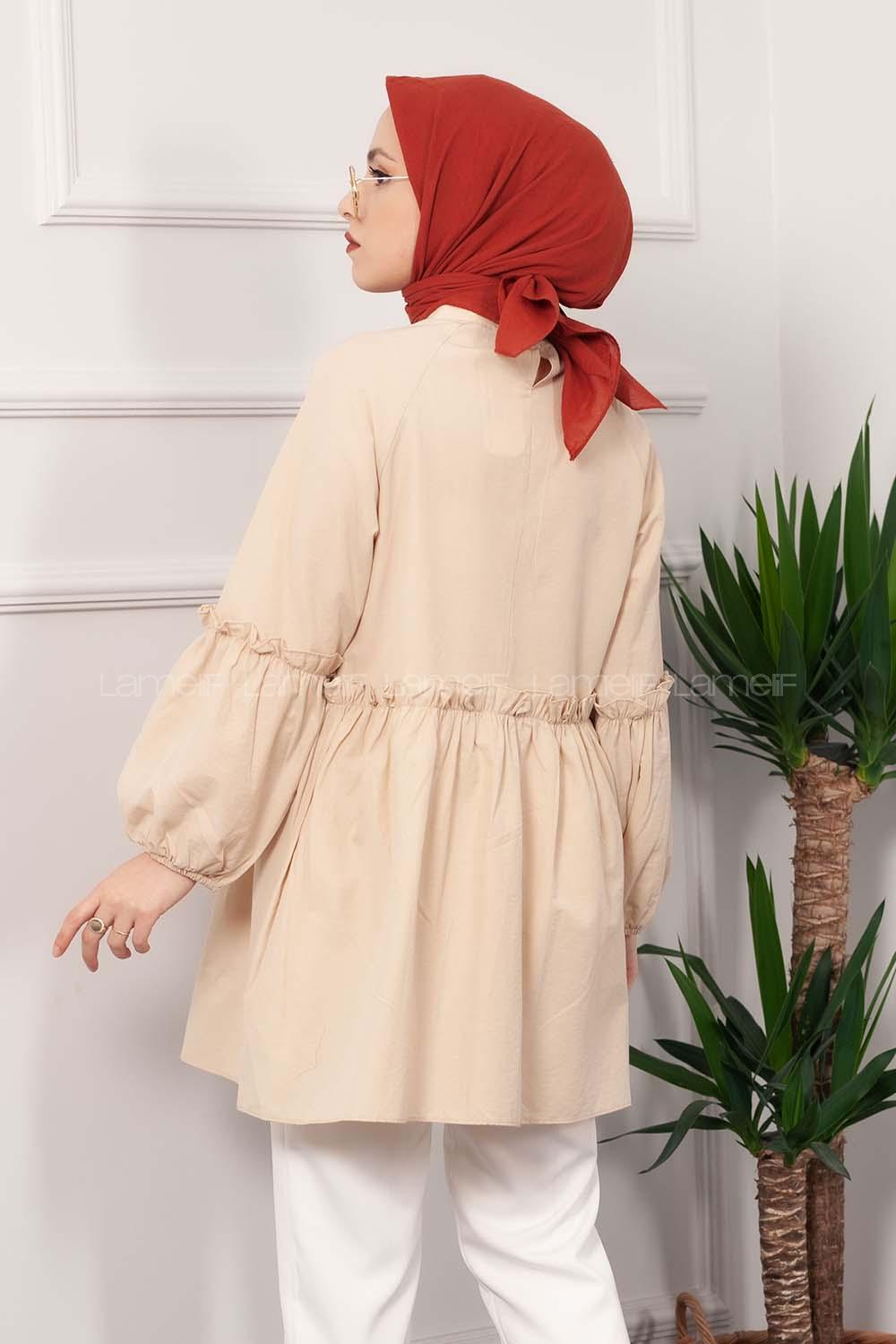 Modalamelif Hakim Yaka Kol Fırfırlı Tunik Bej