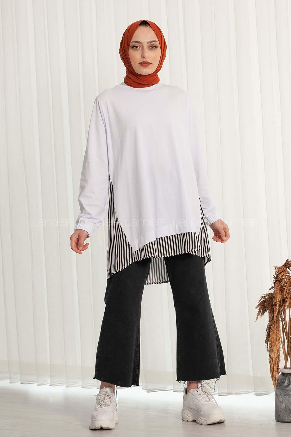 Modalamelif Arkası Çizgili Tunik Beyaz