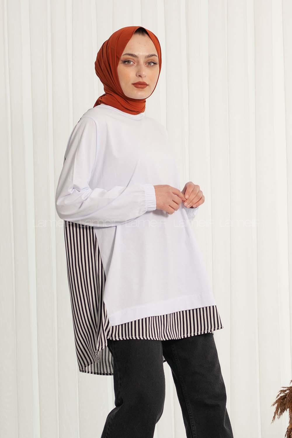 Modalamelif Arkası Çizgili Tunik Beyaz