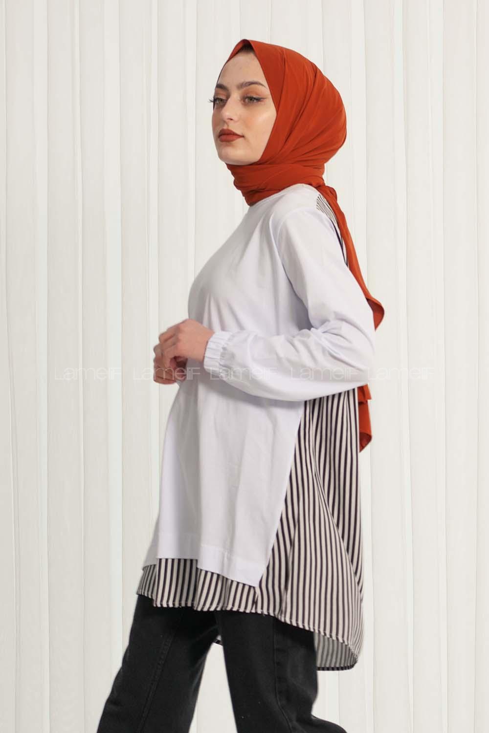 Modalamelif Arkası Çizgili Tunik Beyaz