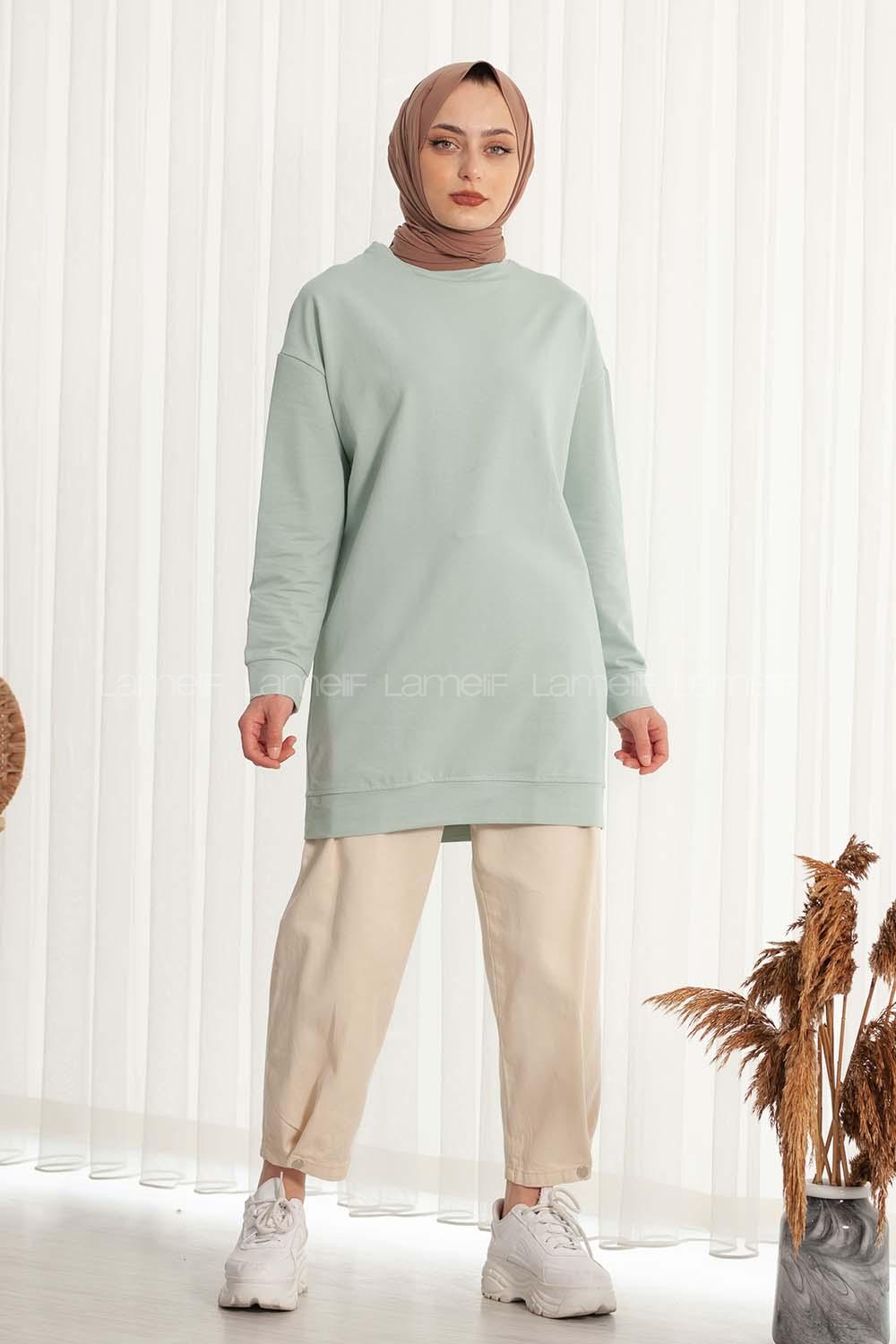 Modalamelif Bisiklet Yaka Düz Renk Sweat Çağla