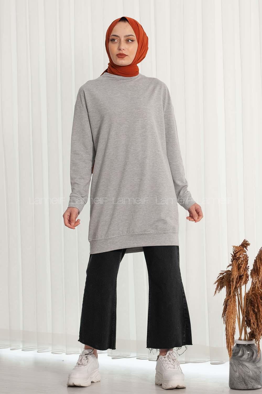 Modalamelif Bisiklet Yaka Düz Renk Sweat Gri