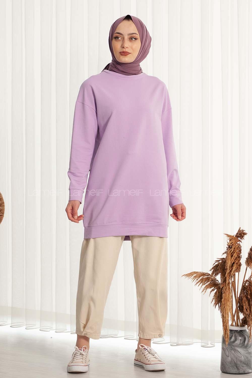 Modalamelif Bisiklet Yaka Düz Renk Sweat Lila