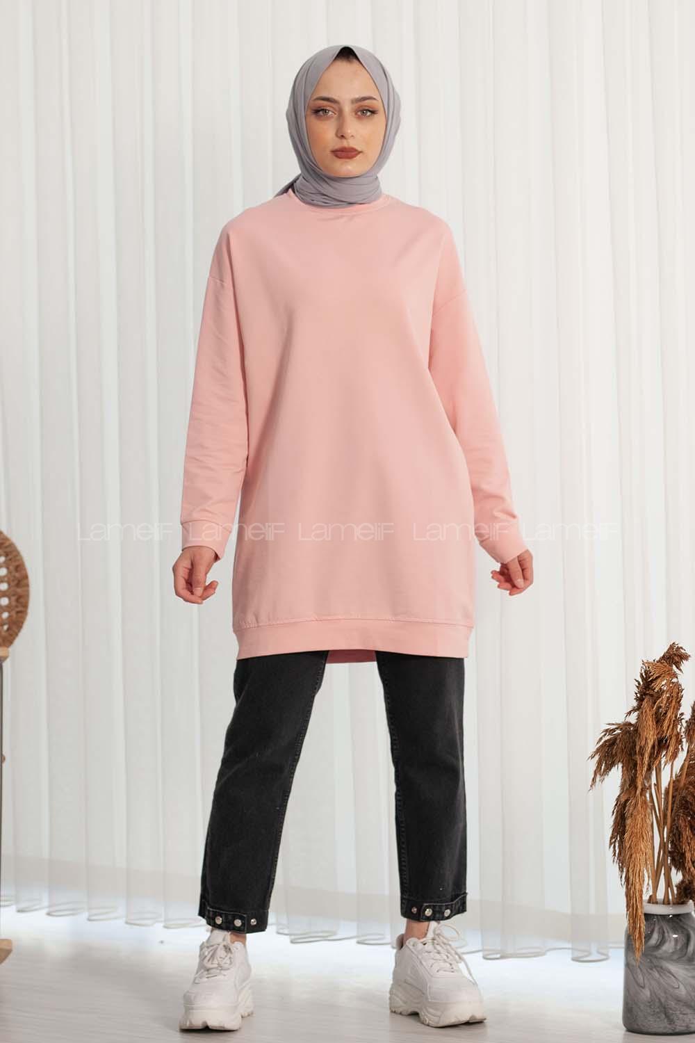 Modalamelif Bisiklet Yaka Düz Renk Sweat Pudra