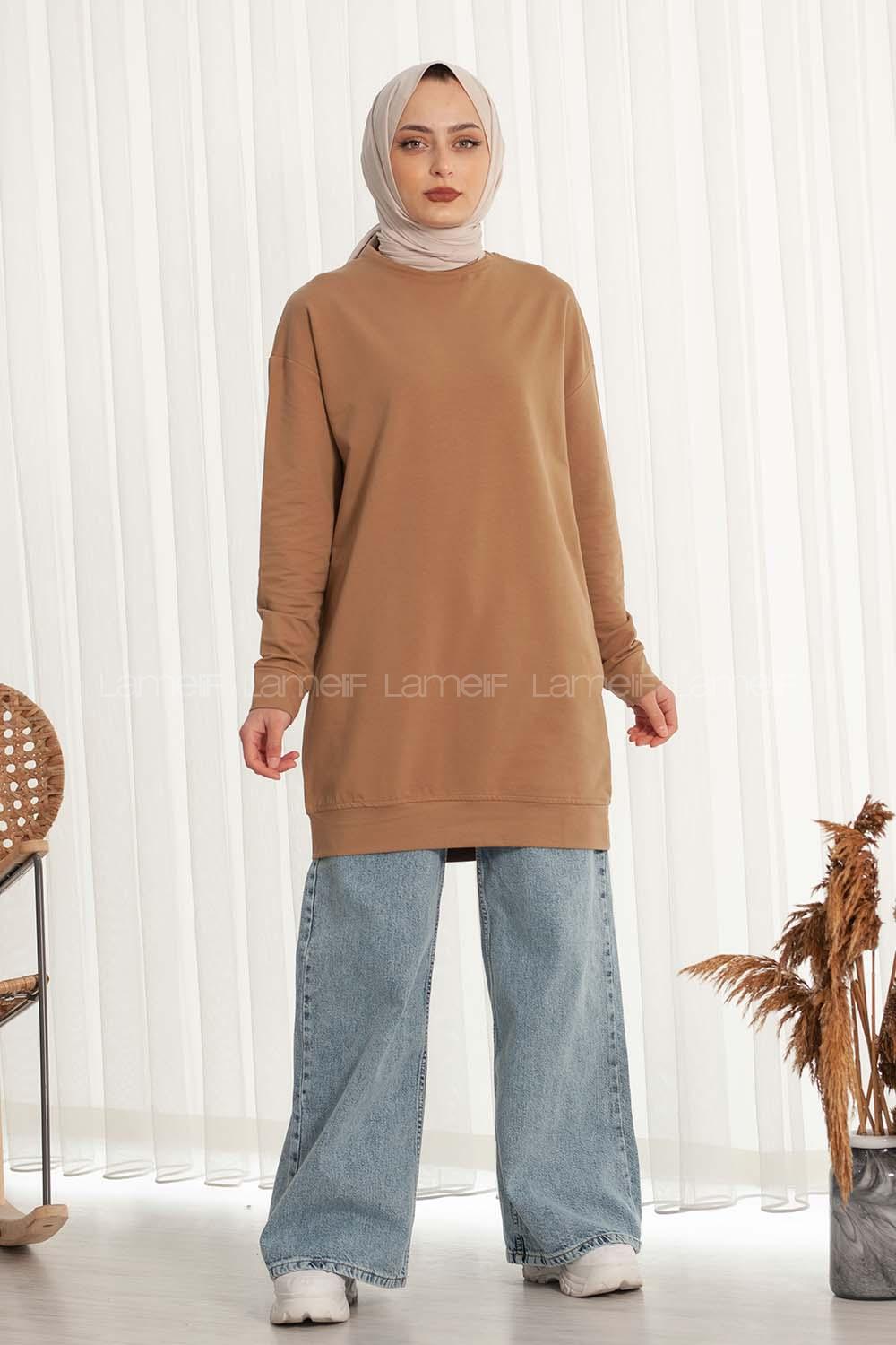 Modalamelif Bisiklet Yaka Düz Renk Sweat Sütlü Kahve