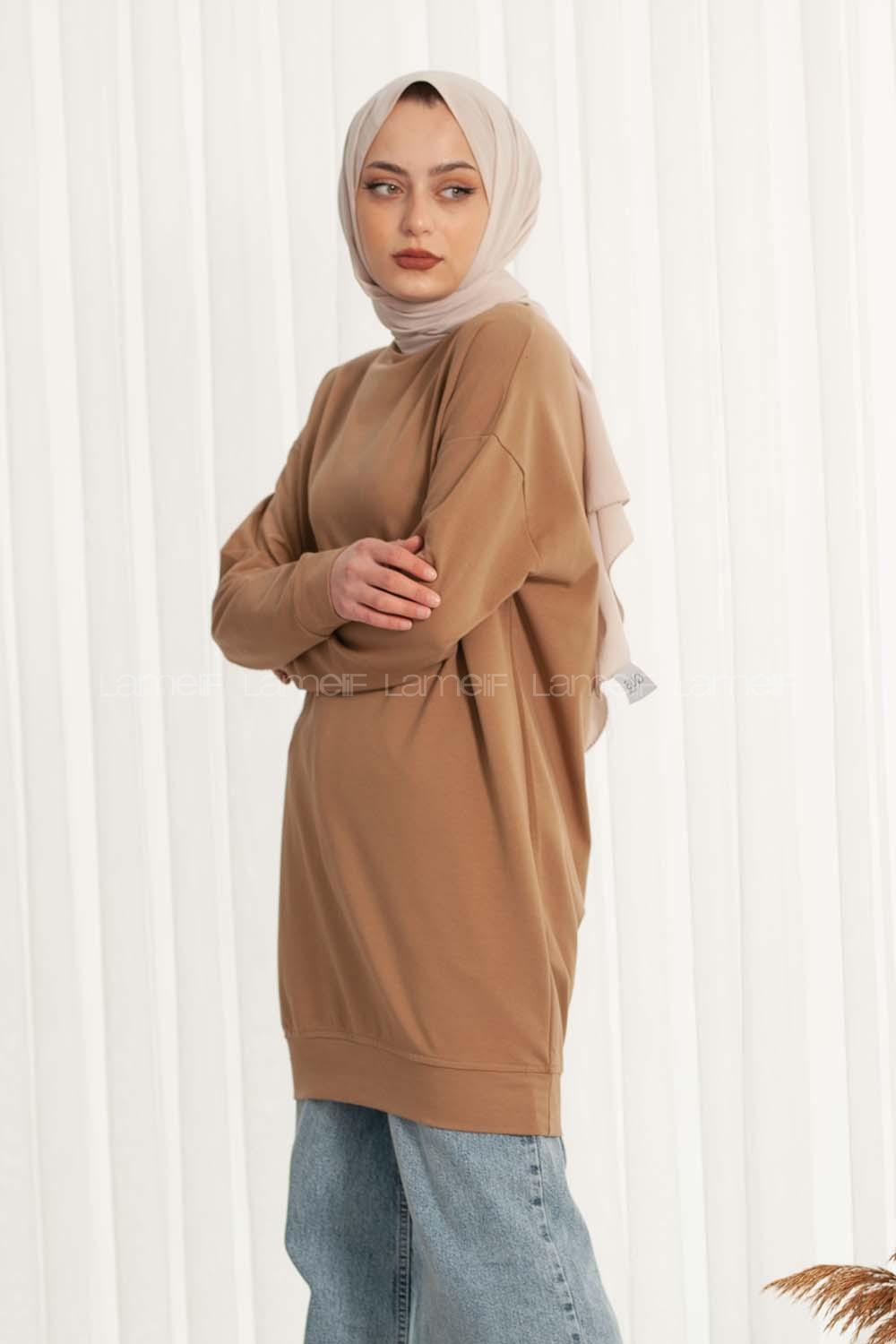 Modalamelif Bisiklet Yaka Düz Renk Sweat Sütlü Kahve