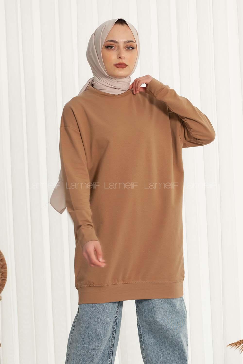 Modalamelif Bisiklet Yaka Düz Renk Sweat Sütlü Kahve