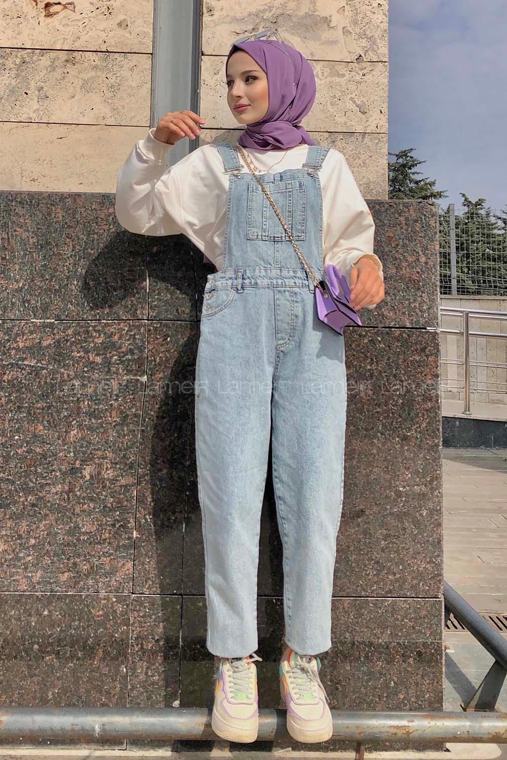 Ice Blue Pool Neck Linen Unprinted Overalls