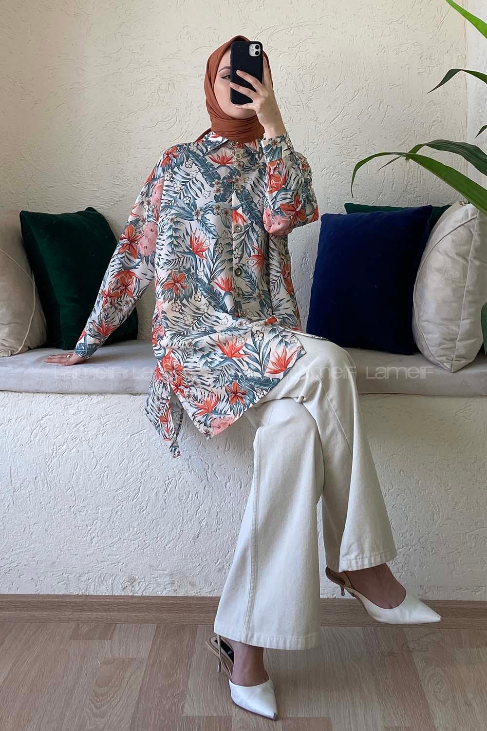 Modalamelif Çiçek Desen Dijital Baskı Gömlek Bej