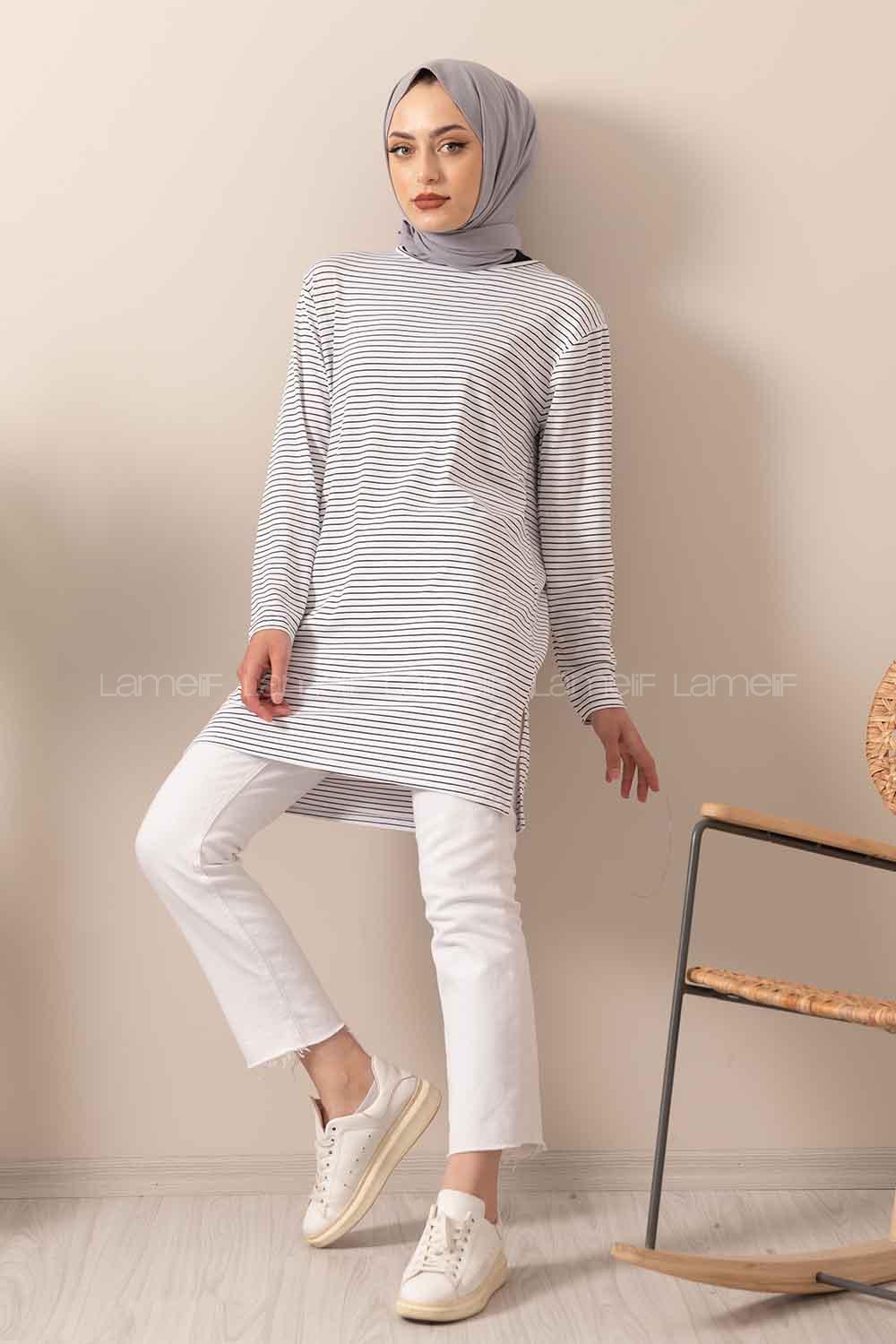 Modalamelif Çizgili Yırtmaçlı Tunik Beyaz