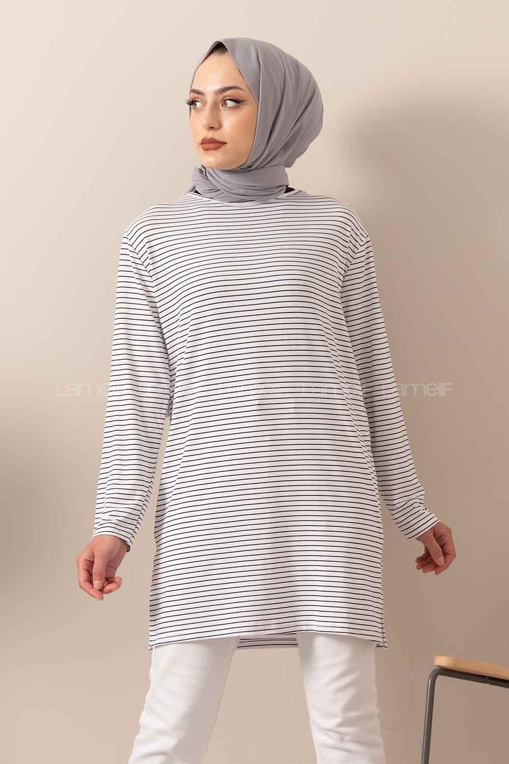 Modalamelif Çizgili Yırtmaçlı Tunik Beyaz