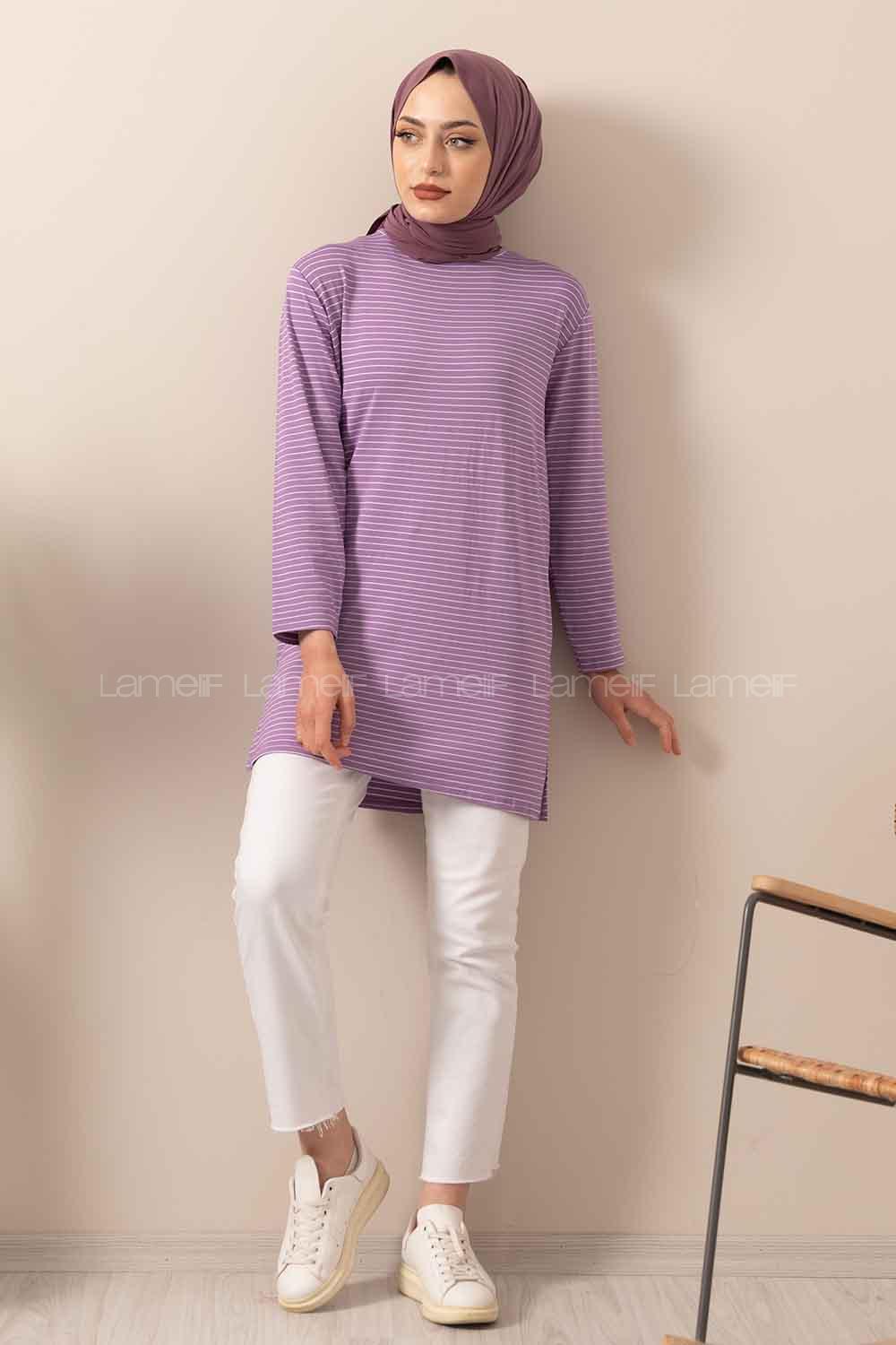 Modalamelif Çizgili Yırtmaçlı Tunik Lila