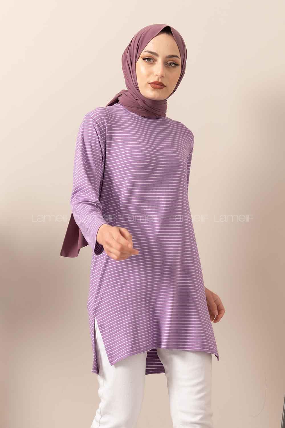 Modalamelif Çizgili Yırtmaçlı Tunik Lila