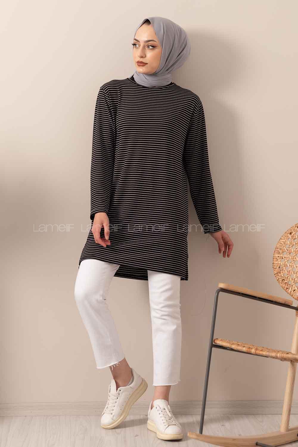 Modalamelif Çizgili Yırtmaçlı Tunik Siyah