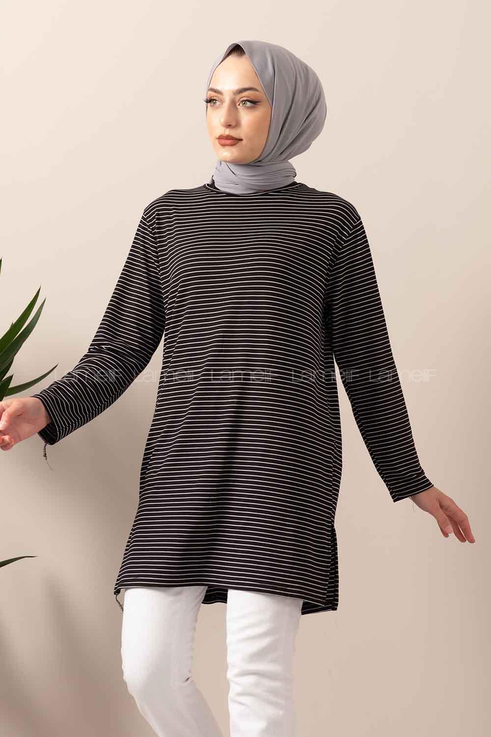 Modalamelif Çizgili Yırtmaçlı Tunik Siyah
