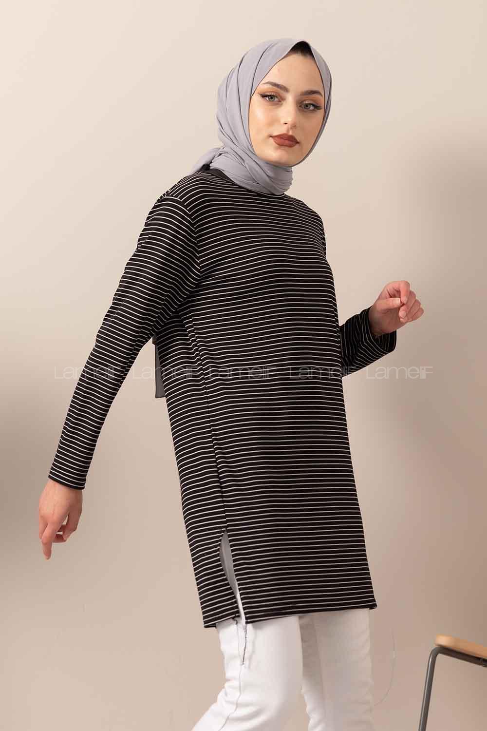 Modalamelif Çizgili Yırtmaçlı Tunik Siyah