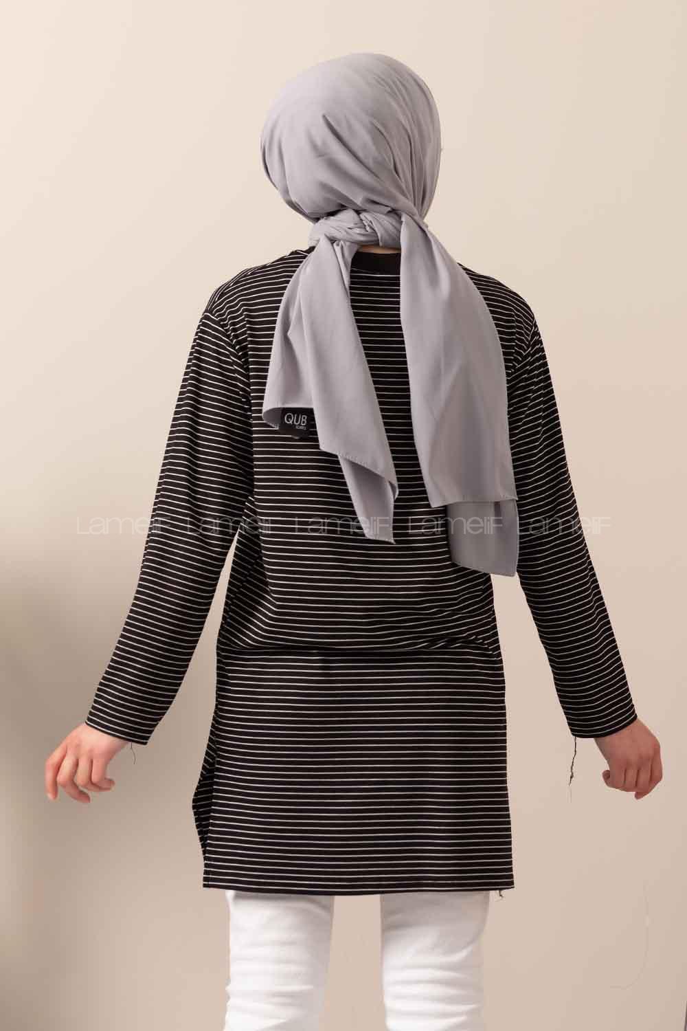 Modalamelif Çizgili Yırtmaçlı Tunik Siyah