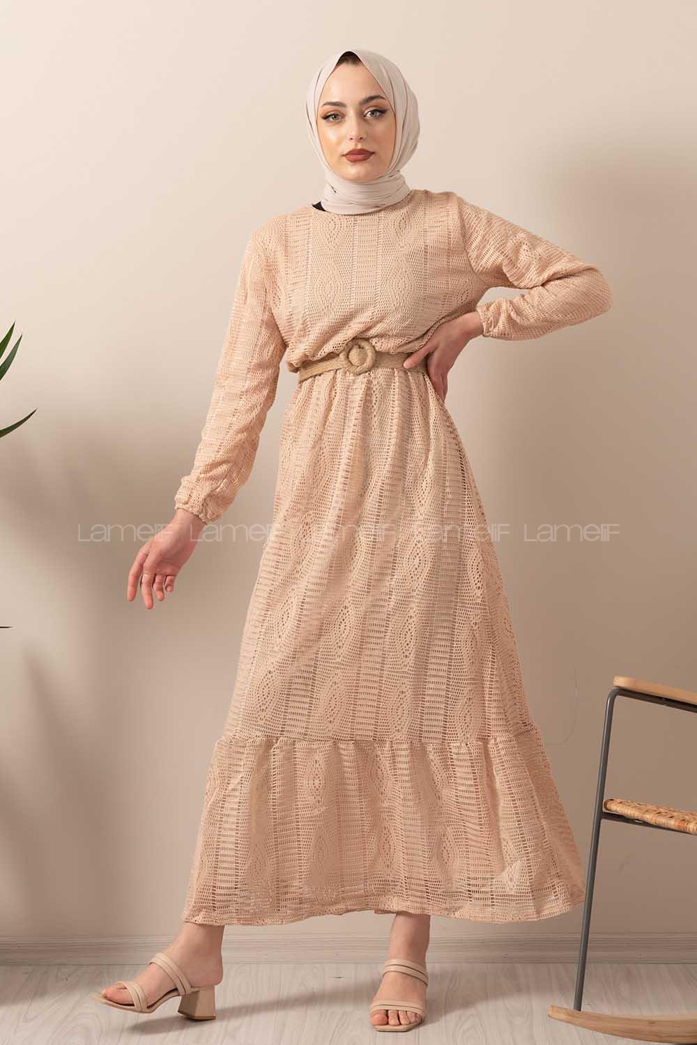 Modalamelif Hasır Kemerli Raşel Elbise Sütlü Kahve