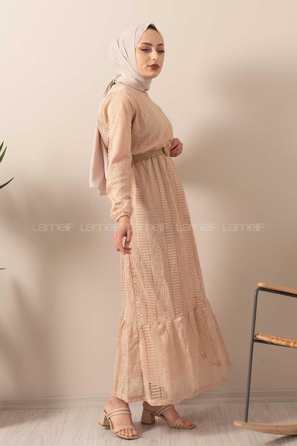 Modalamelif Hasır Kemerli Raşel Elbise Sütlü Kahve