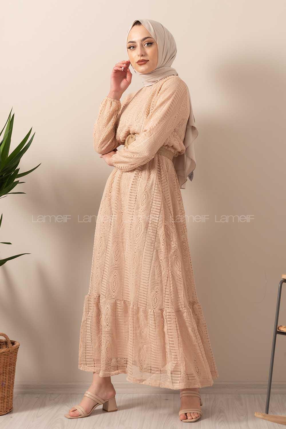 Modalamelif Hasır Kemerli Raşel Elbise Sütlü Kahve