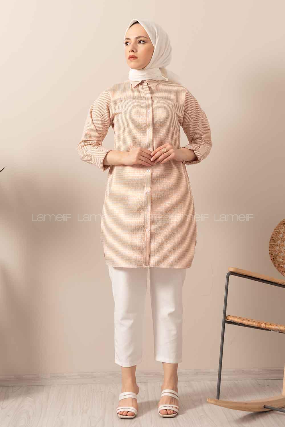 Modalamelif Önü Düğmeli Çizgili Gömlek Sütlü Kahve