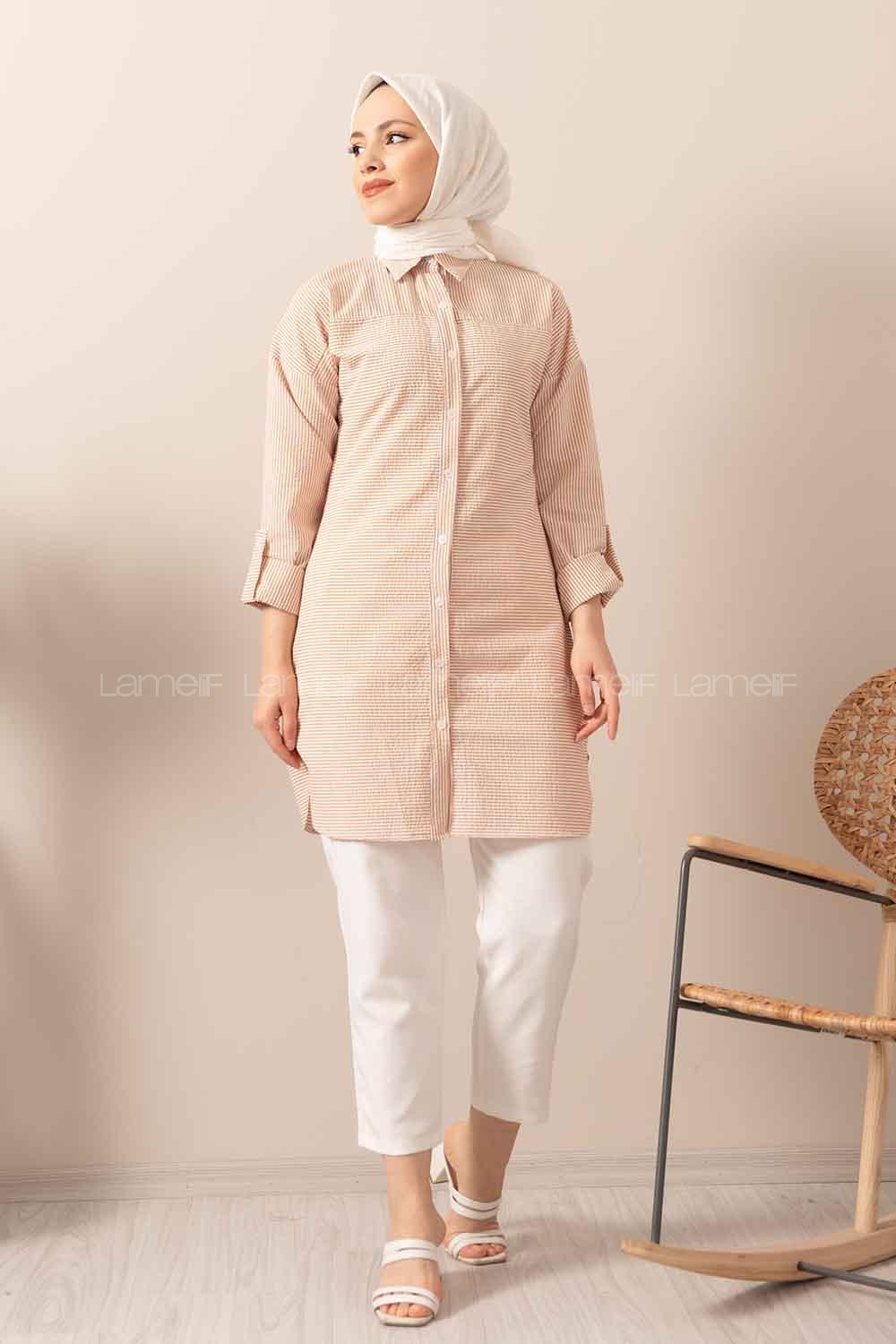 Modalamelif Önü Düğmeli Çizgili Gömlek Sütlü Kahve