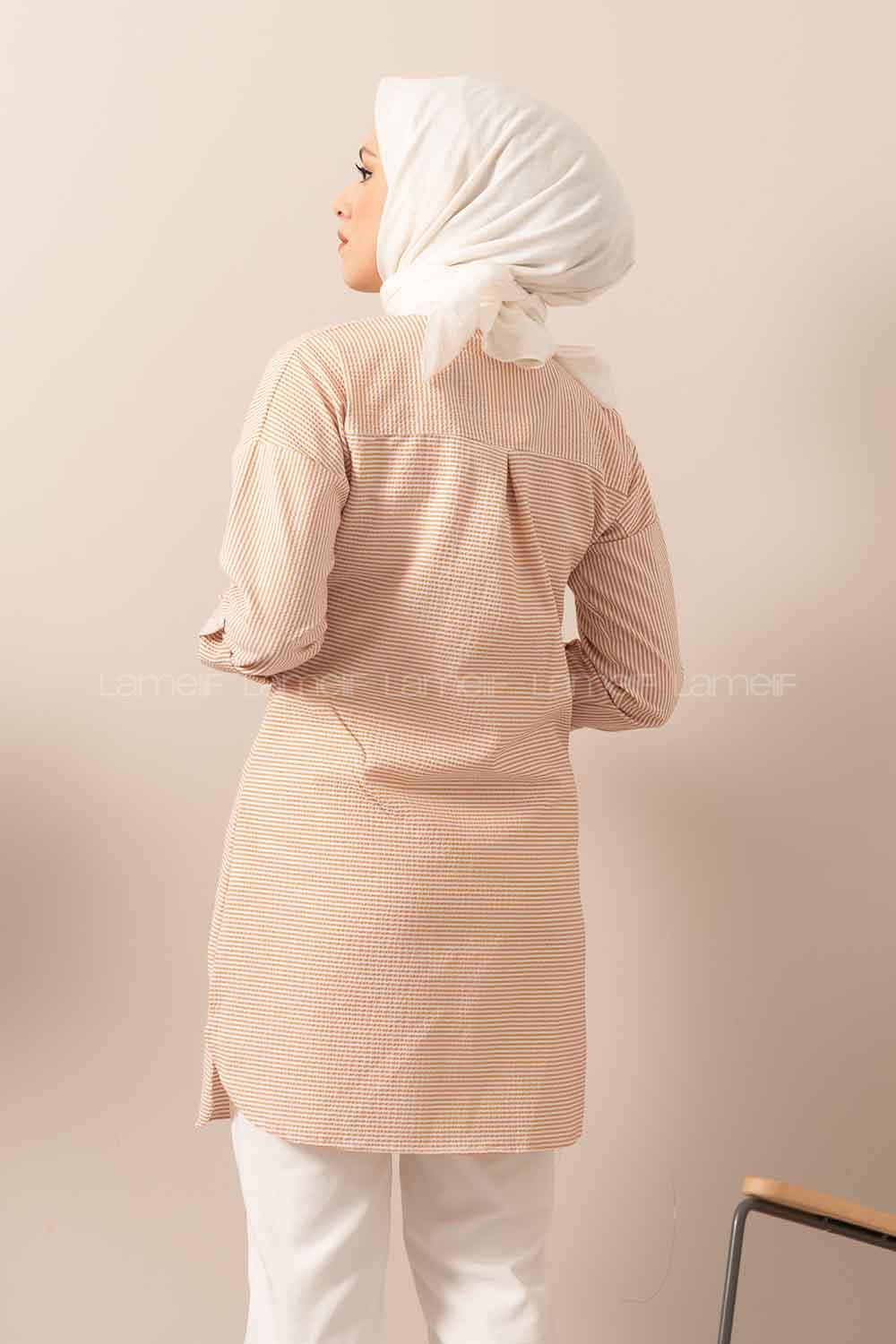 Modalamelif Önü Düğmeli Çizgili Gömlek Sütlü Kahve