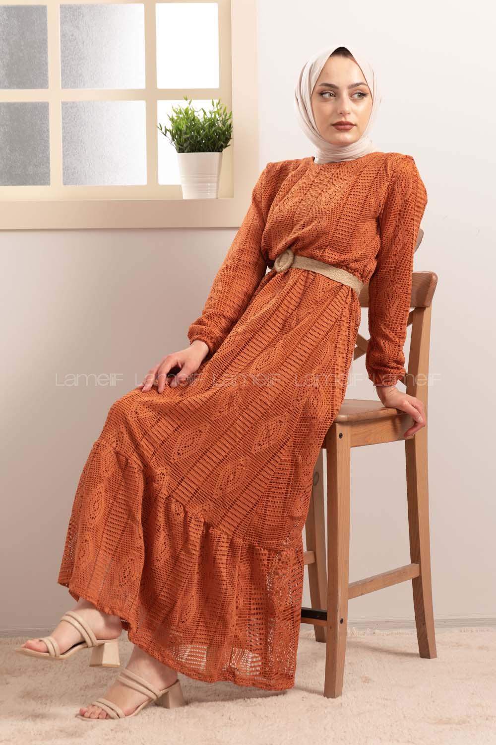 Modalamelif Kemerli Raşel Elbise Taba