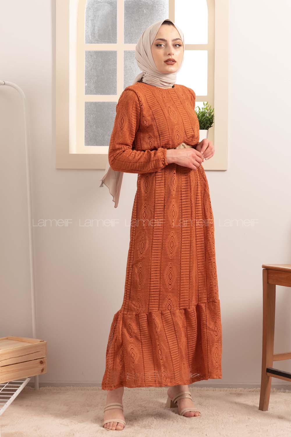 Modalamelif Kemerli Raşel Elbise Taba