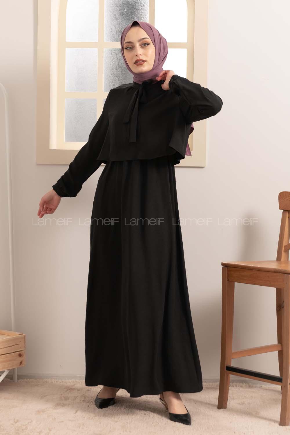 Modalamelif Yaka Bağlama Bolerolu Elbise  Siyah