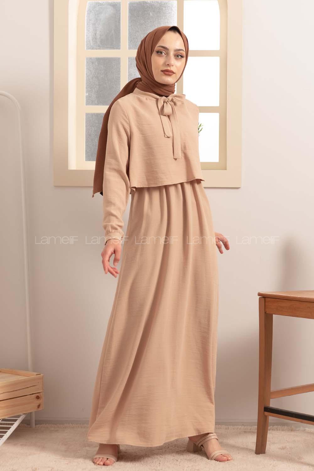 Modalamelif Yaka Bağlama Bolerolu Elbise Sütlü Kahve