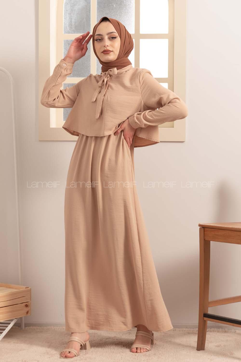 Modalamelif Yaka Bağlama Bolerolu Elbise Sütlü Kahve